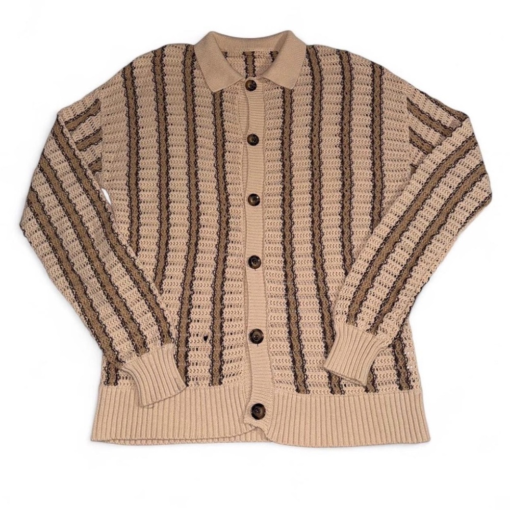 Men's Beige and Brown Striped Cardigan